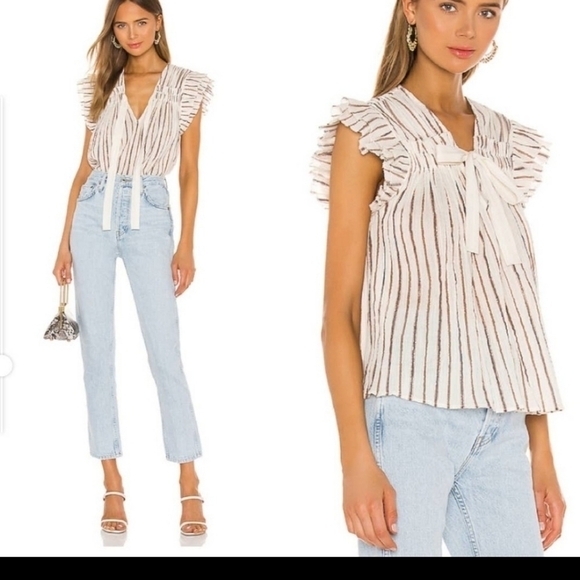 Ulla Johnson Bria Blouse Top Metallic‎ Striped Flutter Sleeve - Picture 1 of 11
